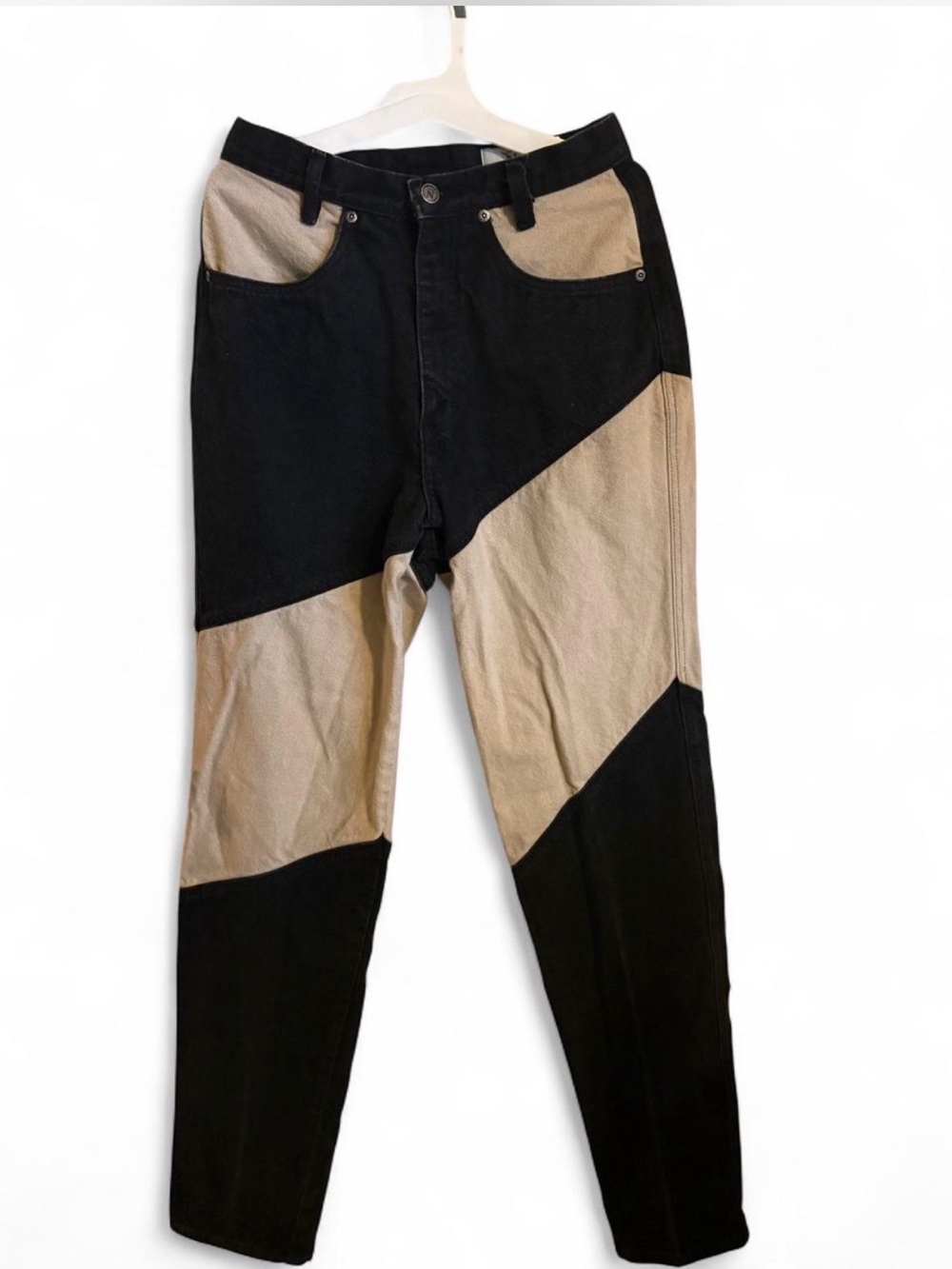 High-Rise Colorblock Jeans in Black and Tan